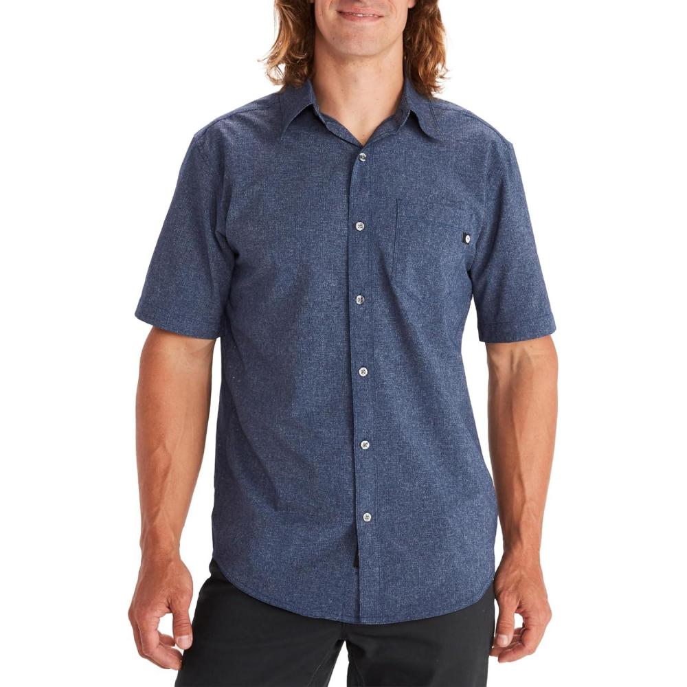 imageMARMOT Mens Aerobora Short Sleeve ButtonDown Shirt  Lightweight Packable QuickDrying UPF ProtectionHeathered Arctic Navy