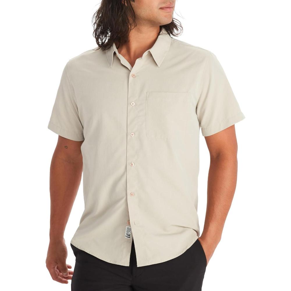 imageMARMOT Mens Aerobora Short Sleeve ButtonDown Shirt  Lightweight Packable QuickDrying UPF ProtectionSandbar