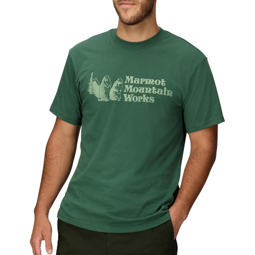 imageMARMOT Mens MMW ShortSleeve Tee  Screen Printed Graphic on Soft Breathable EcoFriendly CottonPoly BlendJuniper Green