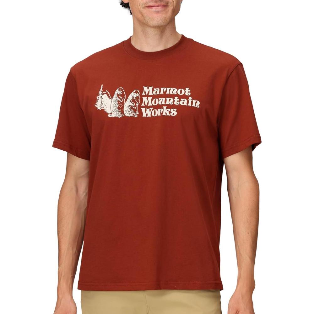 imageMARMOT Mens MMW ShortSleeve Tee  Screen Printed Graphic on Soft Breathable EcoFriendly CottonPoly BlendPecan