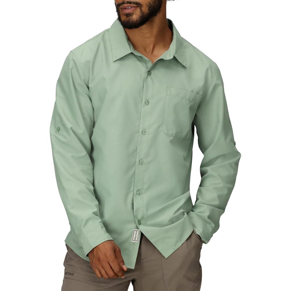 imageMarmot Mens Aerobora Long Sleeve ButtonDown Shirt  Lightweight Packable QuickDrying UPF ProtectionAgate Green