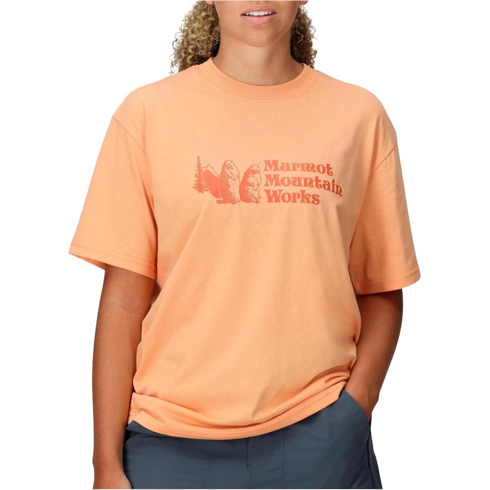 imageMARMOT Womens MMW ShortSleeve Tee Shirt  Screen Printed Graphic on Soft Breathable EcoFriendly CottonPoly BlendFresh Apricot