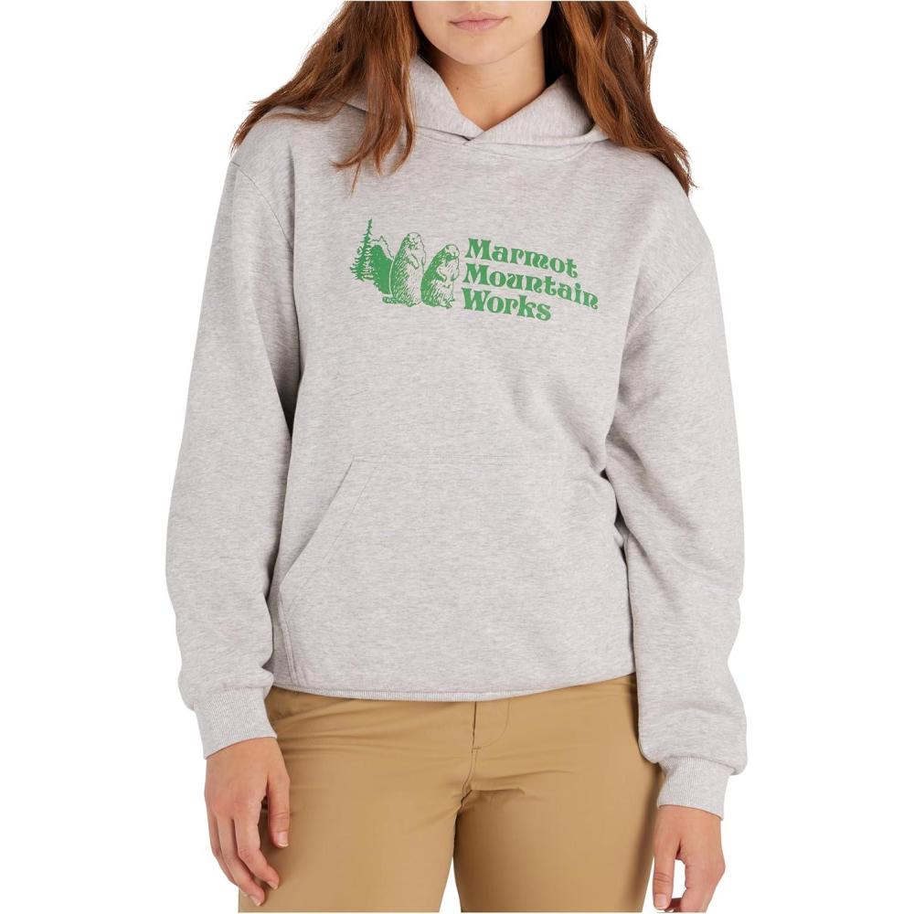 imageMARMOT Womens Marmot for Life Hoody  Hooded Sweatshirt with Screen Printed Graphic DoubleLayer Hood and Kangaroo PocketLight Grey Heather