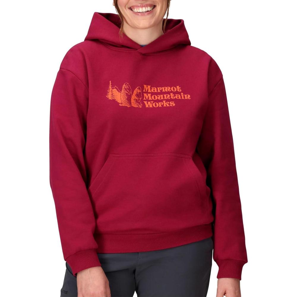 imageMARMOT Womens Marmot for Life Hoody  Hooded Sweatshirt with Screen Printed Graphic DoubleLayer Hood and Kangaroo PocketRed Mulberry