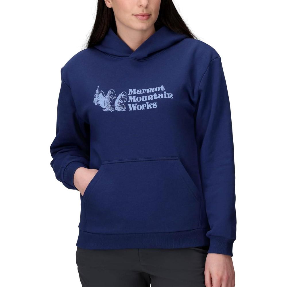 imageMARMOT Womens Marmot for Life Hoody  Hooded Sweatshirt with Screen Printed Graphic DoubleLayer Hood and Kangaroo PocketTwilight Blue