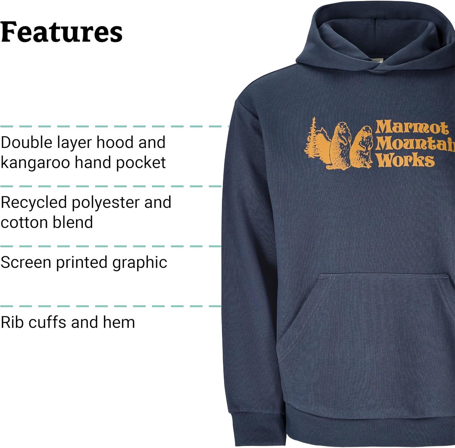 imageMARMOT Mens MMW Hoody Hooded Sweatshirt with Screen Printed Graphic DoubleLayer Hood and Kangaroo PocketThunderhead