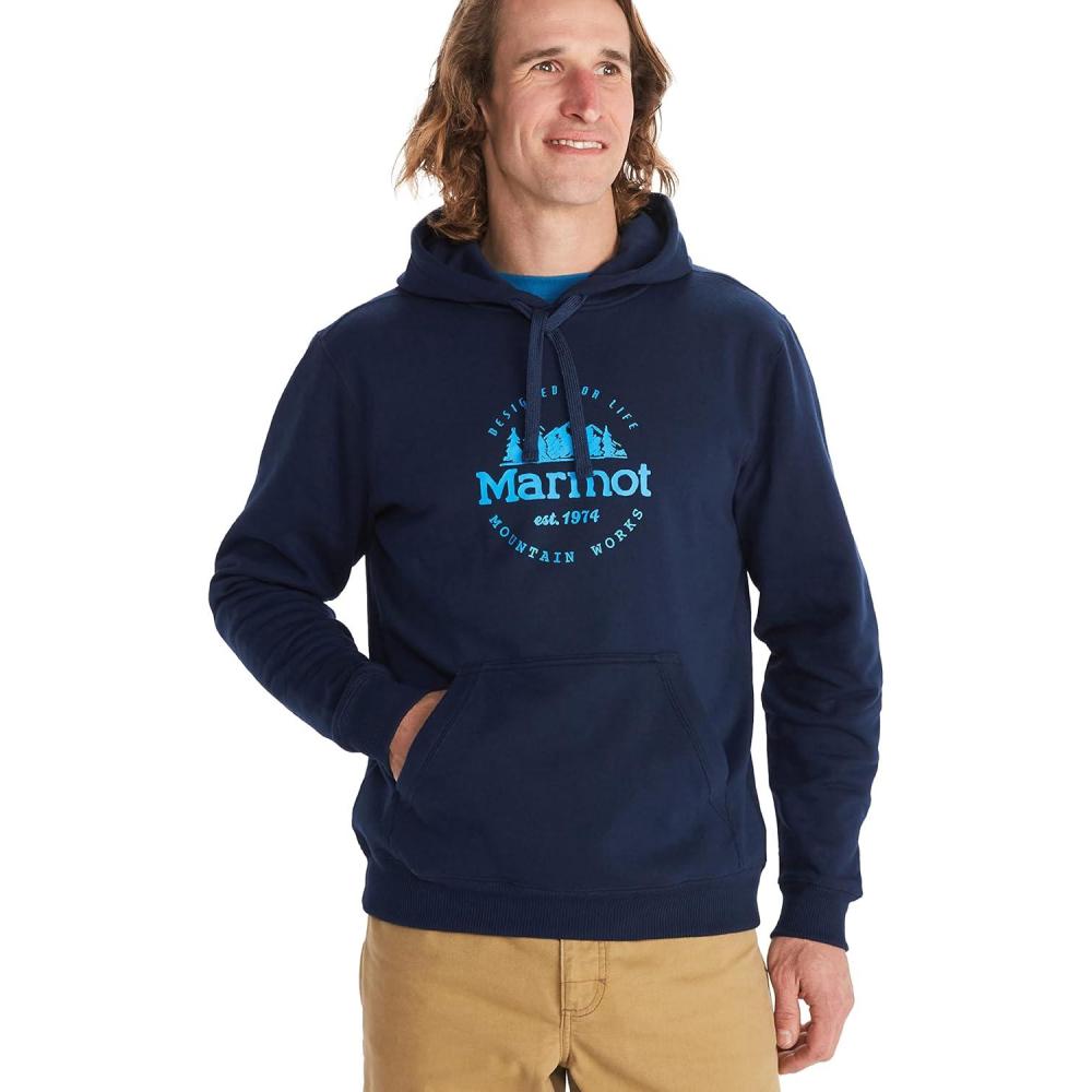 imageMARMOT Mens Culebra Peak Hoody  Hooded Midweight Pullover Fleece Sweatshirt with Screen Printed Graphic and Kangaroo PocketArctic Navy
