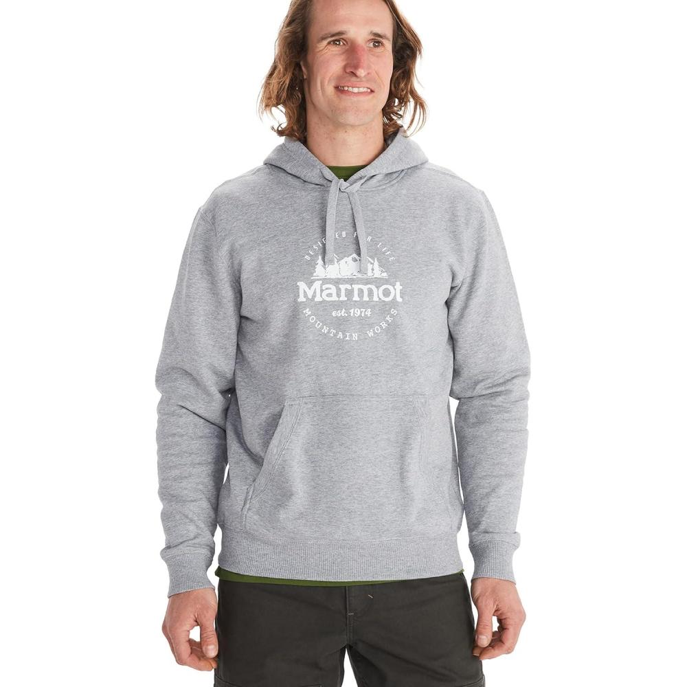 imageMARMOT Mens Culebra Peak Hoody  Hooded Midweight Pullover Fleece Sweatshirt with Screen Printed Graphic and Kangaroo PocketGrey Heather
