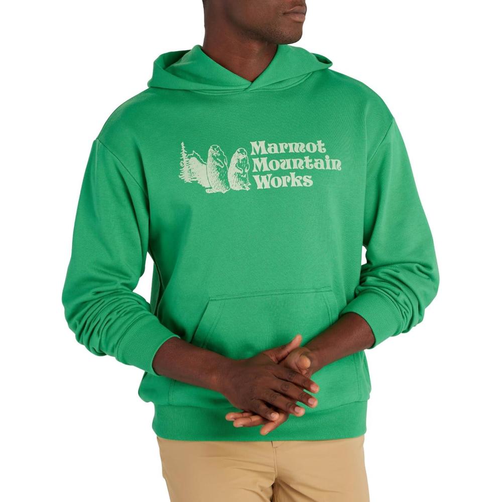 imageMARMOT Mens MMW Hoody  Hooded Sweatshirt with Screen Printed Graphic DoubleLayer Hood and Kangaroo PocketClover