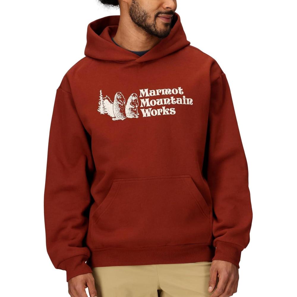 imageMARMOT Mens MMW Hoody  Hooded Sweatshirt with Screen Printed Graphic DoubleLayer Hood and Kangaroo PocketPecan