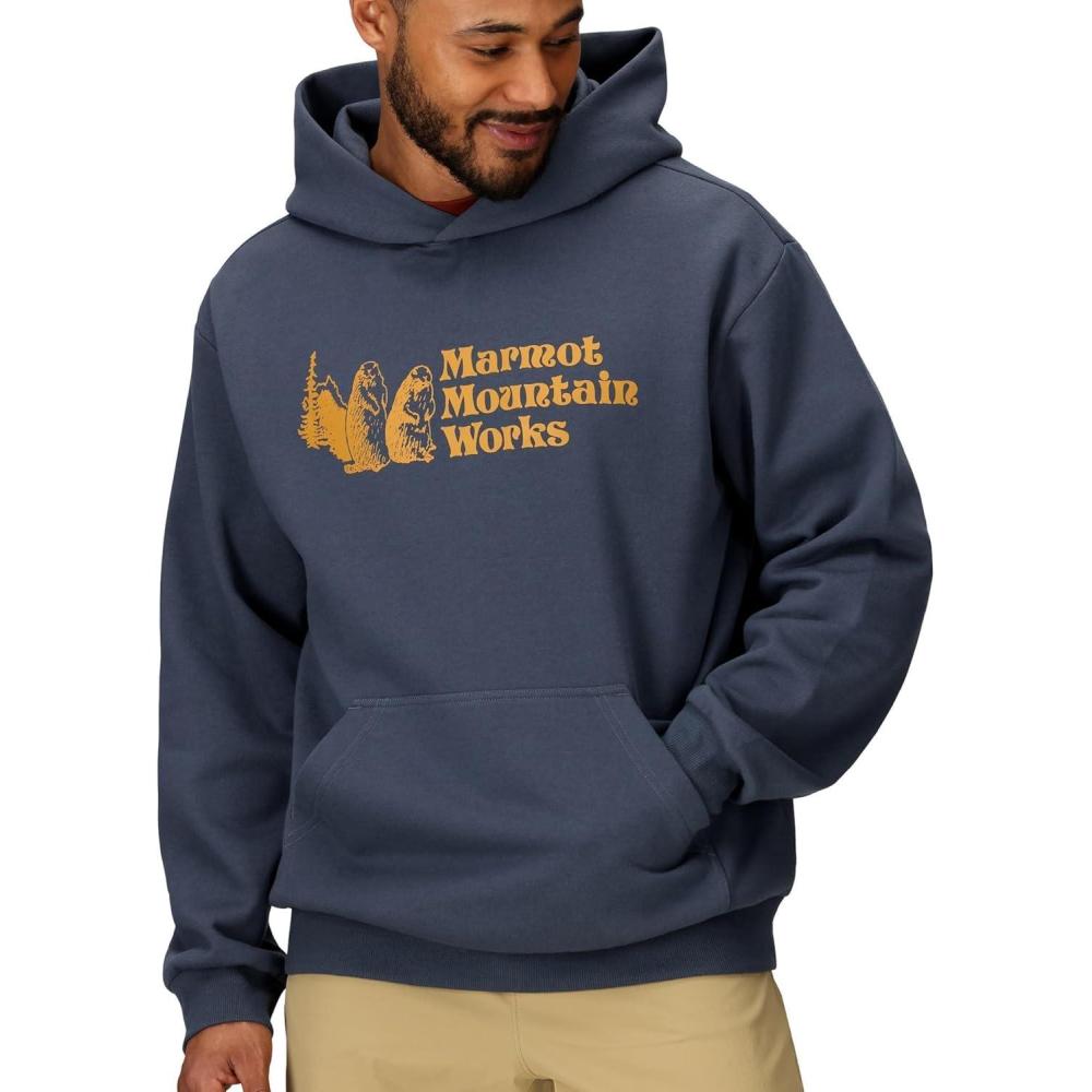 imageMARMOT Mens MMW Hoody  Hooded Sweatshirt with Screen Printed Graphic DoubleLayer Hood and Kangaroo PocketThunderhead