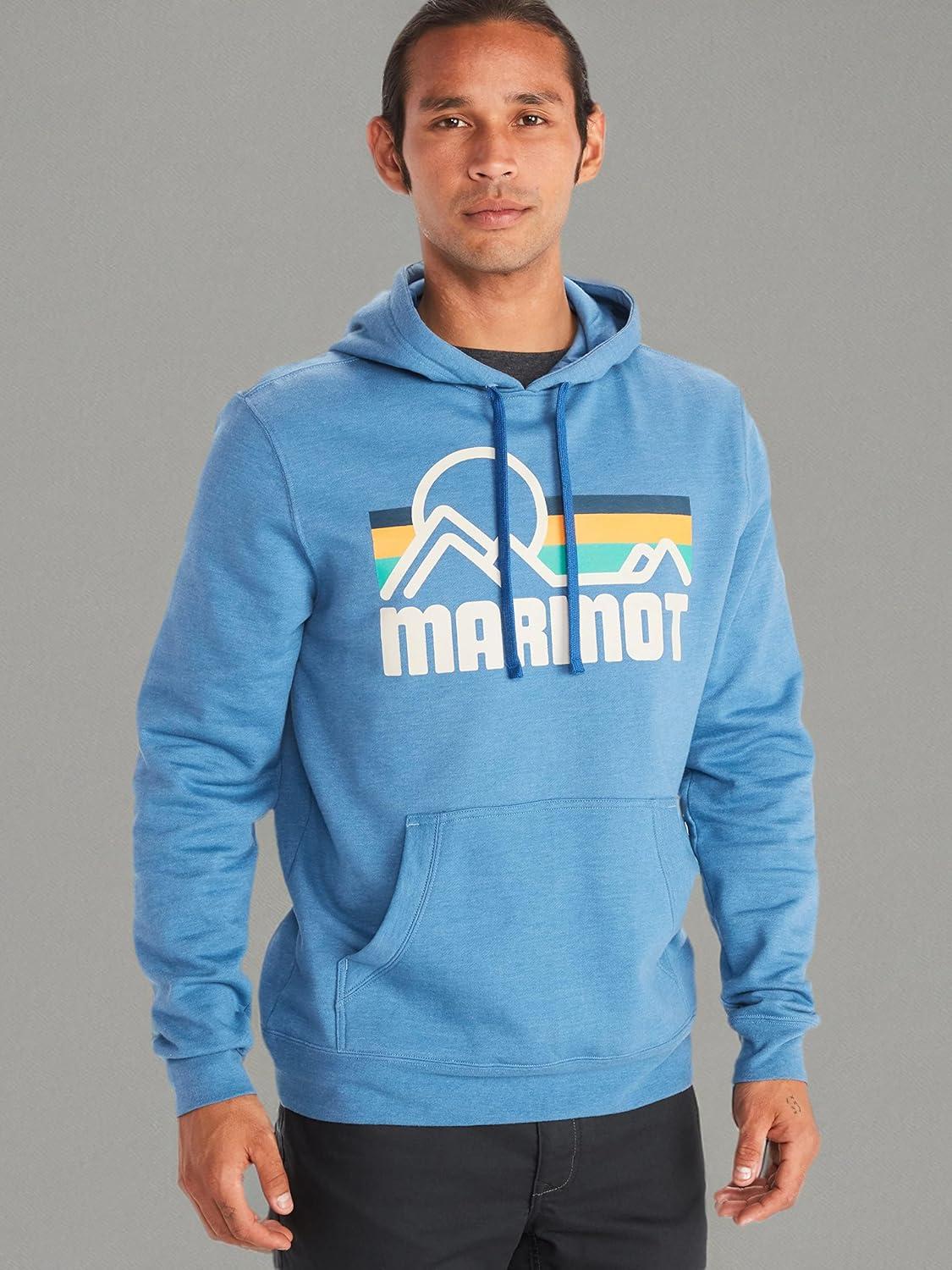 imageMARMOT Mens Coastal Hoody  Hooded Sweatshirt with Screen Printed Graphic Jersey Lined Hood and Kangaroo PocketVarsity Blue Heather