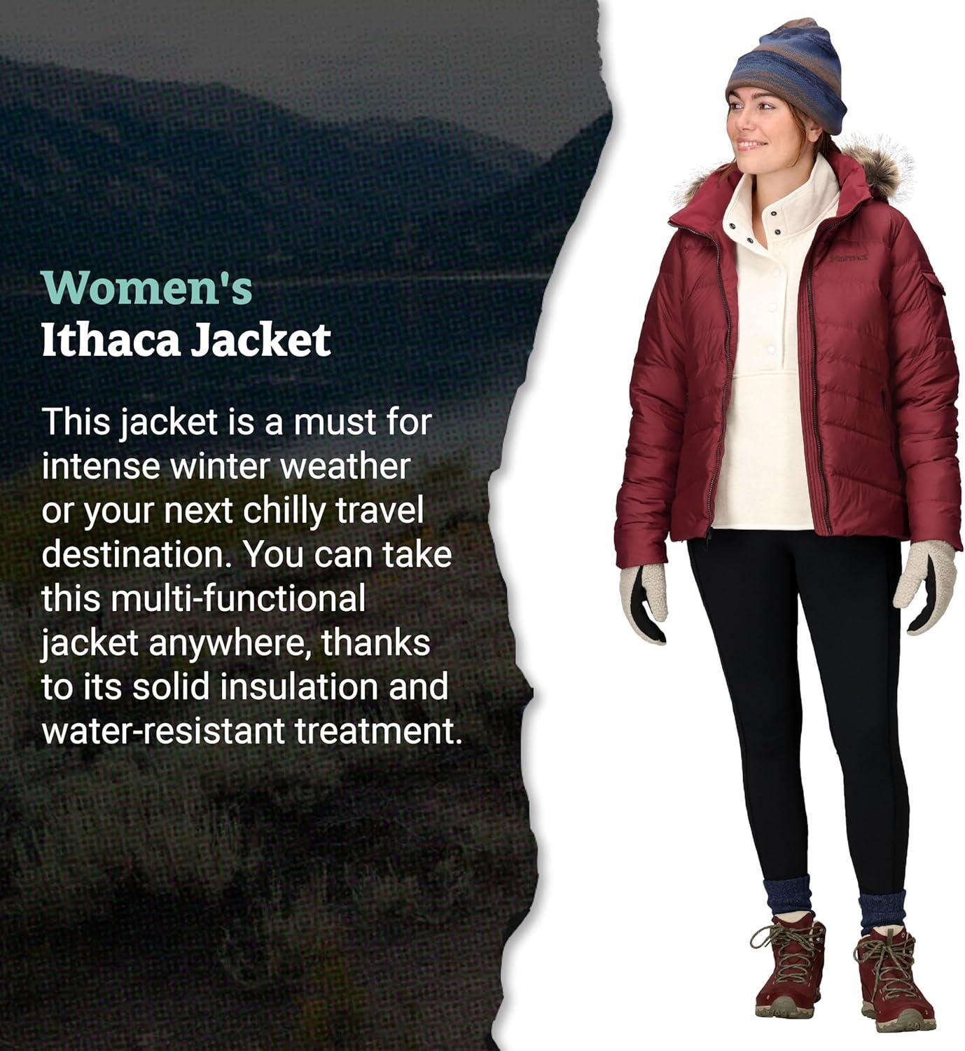 imageMARMOT Womens Ithaca Jacket  700Fill DownInsulated WaterResistant Coat with ZipOff Hood and Removable Fur RuffAcai Berry