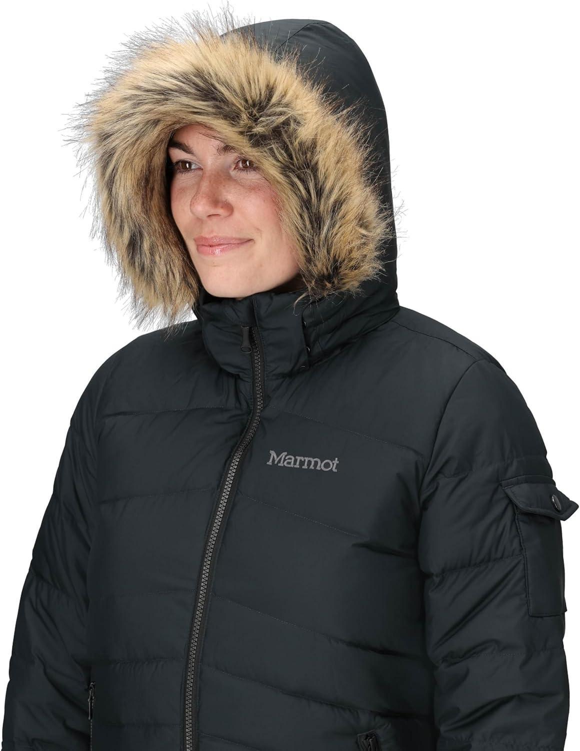 imageMARMOT Womens Ithaca Jacket  700Fill DownInsulated WaterResistant Coat with ZipOff Hood and Removable Fur RuffBlack  Latest Collection