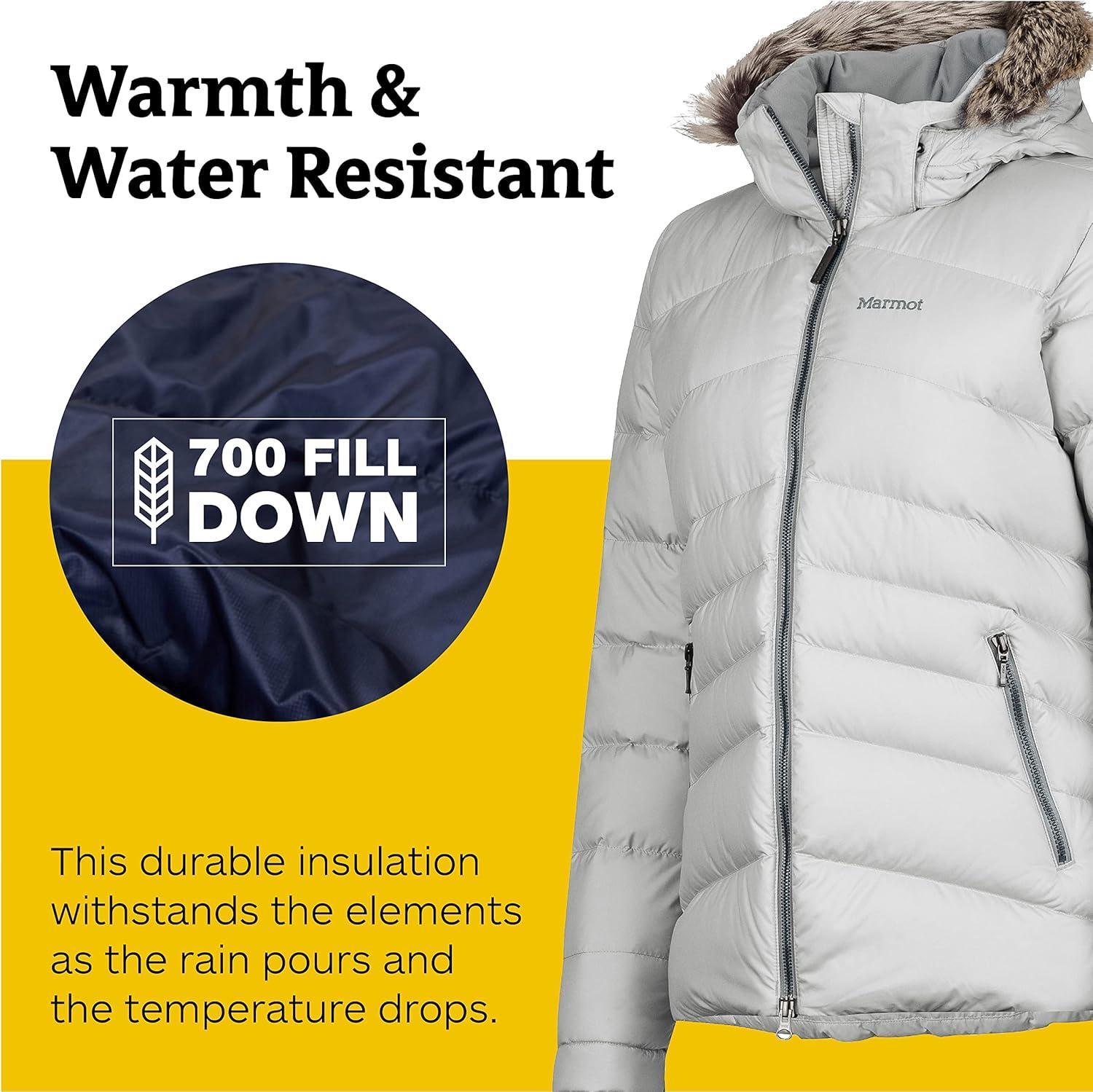 imageMARMOT Womens Ithaca Jacket  700Fill DownInsulated WaterResistant Coat with ZipOff Hood and Removable Fur RuffGlacier Grey