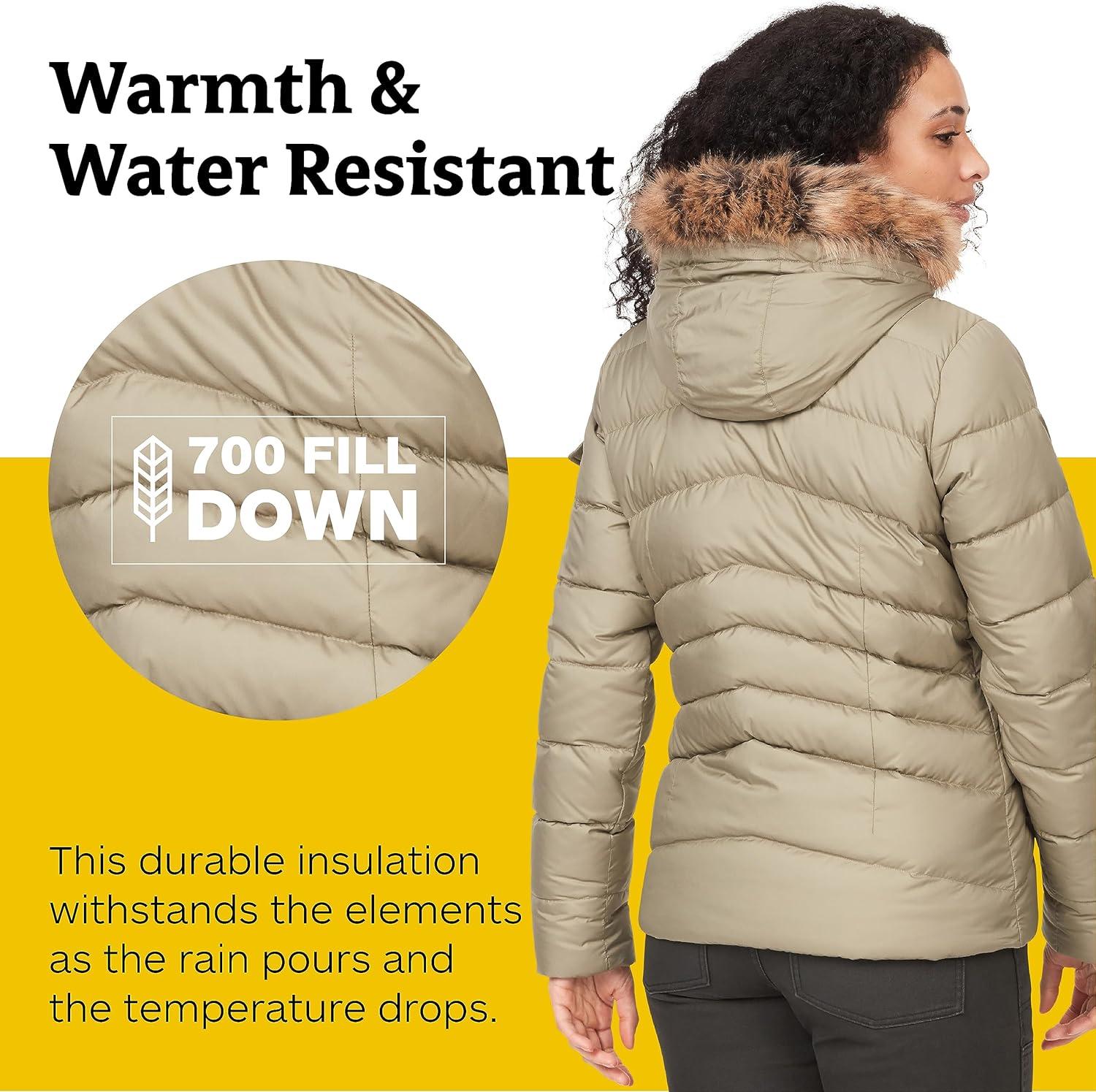 imageMARMOT Womens Ithaca Jacket  700Fill DownInsulated WaterResistant Coat with ZipOff Hood and Removable Fur RuffVetiver
