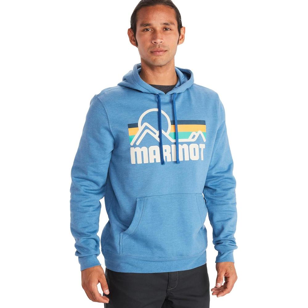 imageMARMOT Mens Coastal Hoody  Hooded Sweatshirt with Screen Printed Graphic Jersey Lined Hood and Kangaroo PocketVarsity Blue Heather