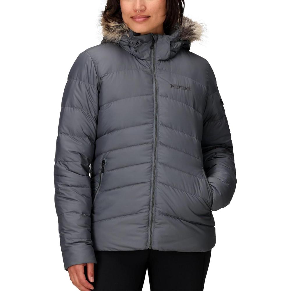 imageMARMOT Womens Ithaca Jacket  700Fill DownInsulated WaterResistant Coat with ZipOff Hood and Removable Fur RuffSteel Onyx