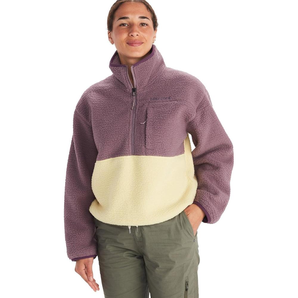 imageMARMOT Womens Aros 12 Zip Jacket  Pullover Sherpa Fleece Jacket with Retro StyleHazy PurpleWheat