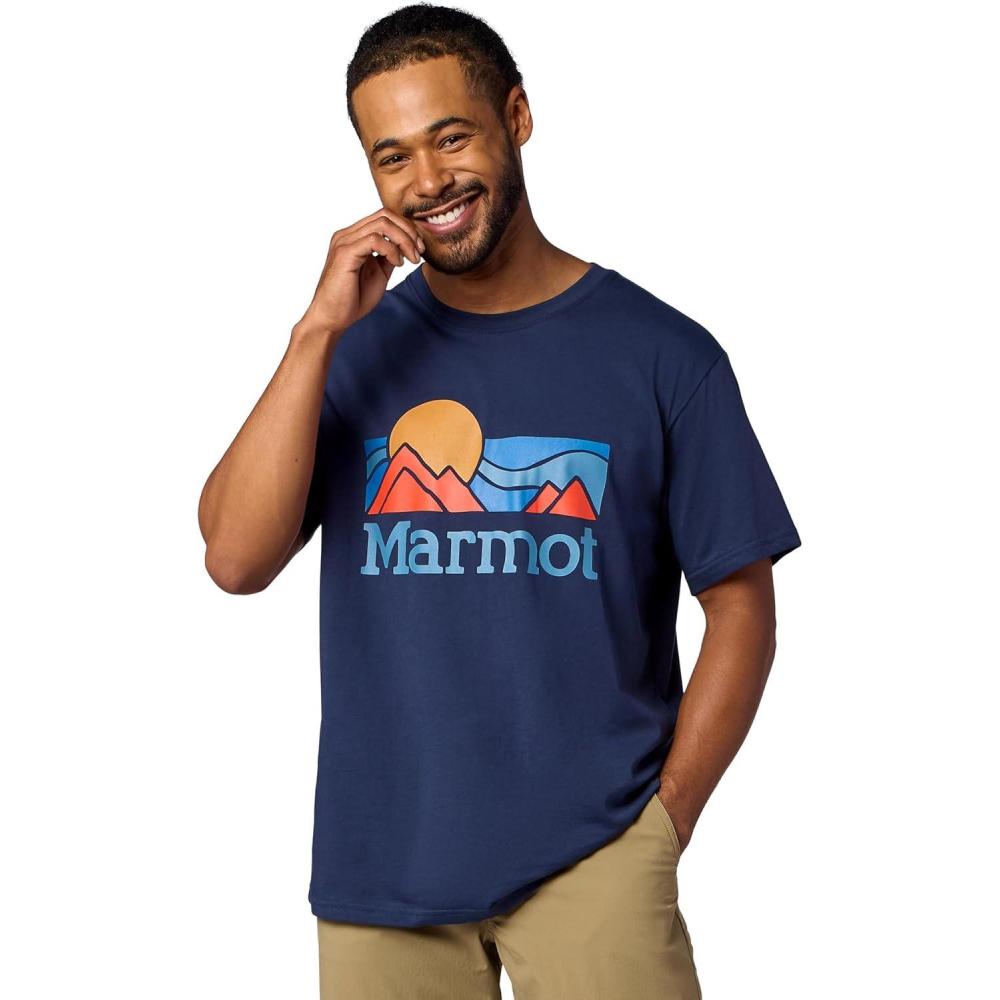 imageMARMOT Mens Coastal ShortSleeve TShirt Screen Printed Graphic on Soft Breathable EcoFriendly CottonPoly BlendNightfall Navy