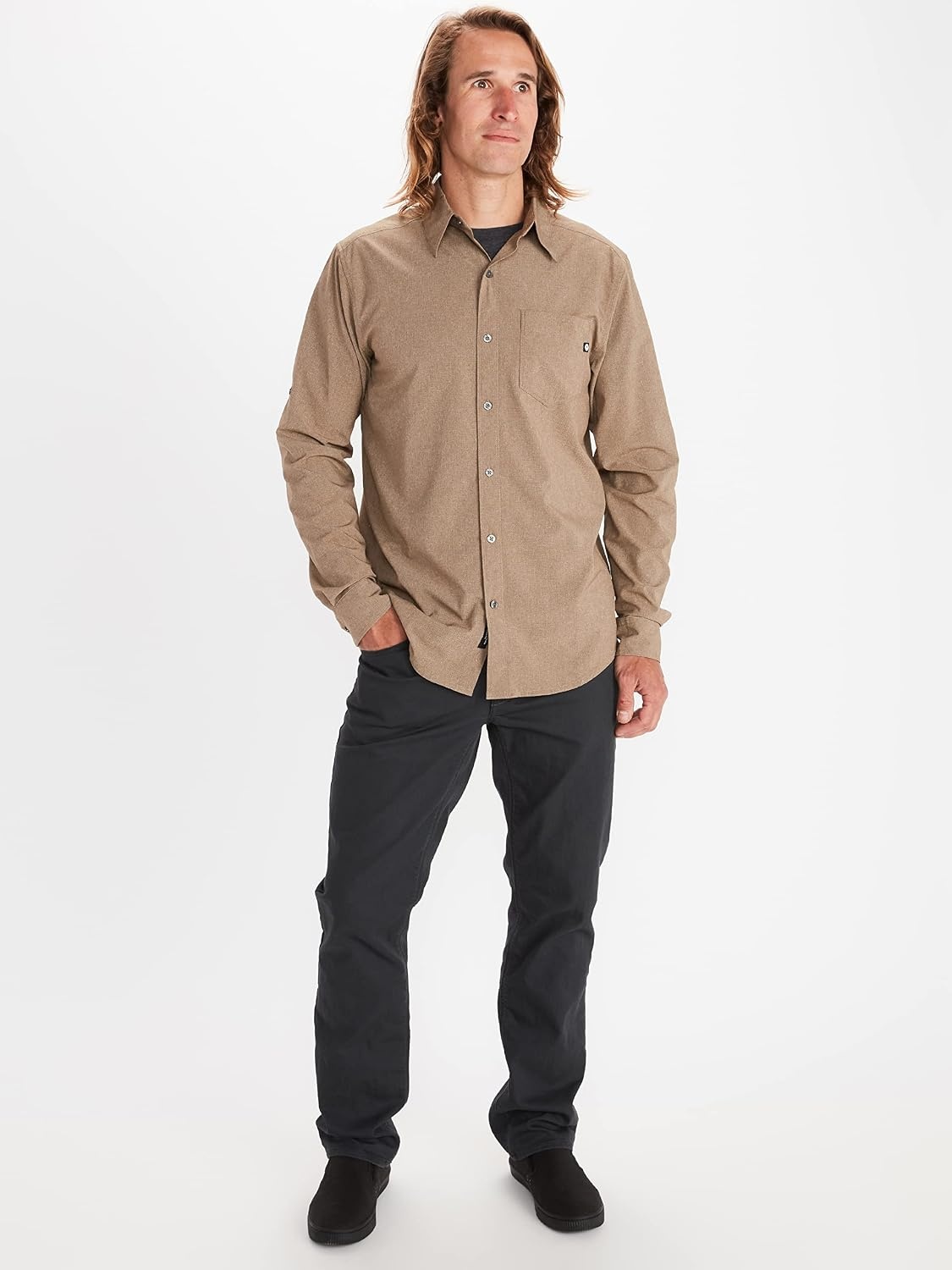 image:imageMarmot Mens Aerobora Long Sleeve Button Down Shirt Arctic Navy MediumDesert Khaki