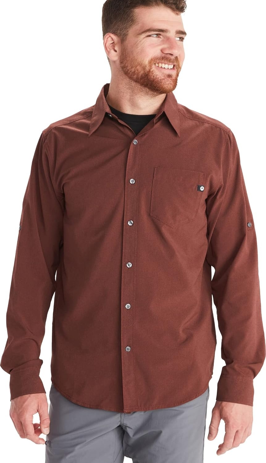 image:imageMarmot Mens Aerobora Long Sleeve Button Down Shirt Arctic Navy MediumWhiskey Brown